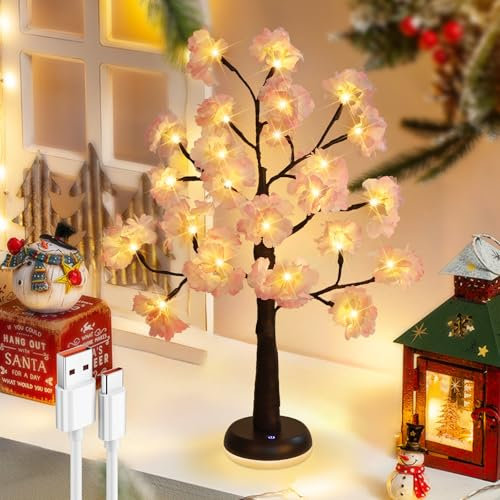 GOESWELL Cherry Blossom Tree Lights: 2ft Twig Lights USB Supply with 24 Warm White LED Lights for Autumn Decorations - Lighted Tabletop Tree for Christmas Home Party Wedding Dinning Room Centerpiece