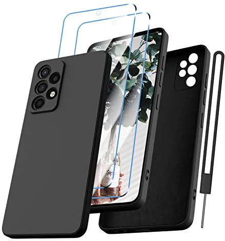 Kukiwhy für Samsung Galaxy A53 5G Hülle mit 2 Stück Panzer Schutz Glas, Silikon Case Ultra Dünn Microfiber Kameraschutz Rundumschutz Anti-Kratzer Hanyhülle für Samsung A53 5G 6.5' - Schwarz