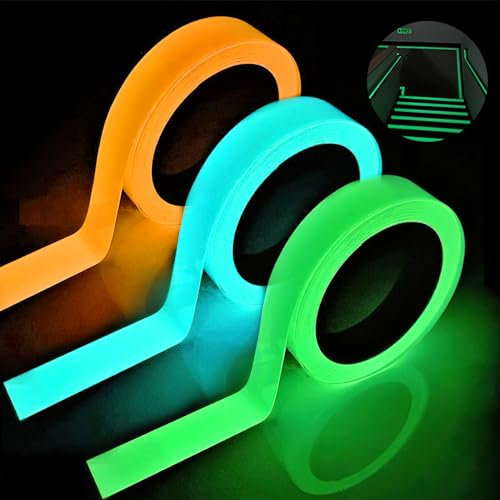 VOSSOT Lot de 3 rubans adhésifs fluo, ruban lumineux, ruban adhésif lumineux 10 m x 10 mm, ruban de marquage luminescent, ruban lumineux, étanche, ruban d'avertissement, portable
