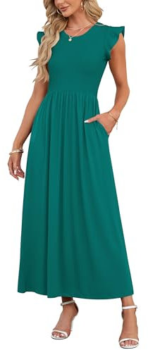 AUSELILY Summer Casual Long Dresses for Women Loose Plain Maxi Pockets Dresses Elegant Ruffle Petal Sleeve Dress for Party Green S