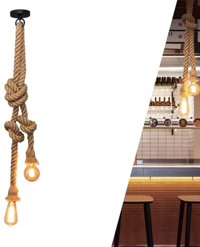 Hanfseil Hängelampe Vintage Pendelleuchte Hängeleuchte Pendelleuchte Deckenleuchte, E27 Industrie Seile Lampe Leuchte Deckenlampe Hängelampe DIY Kronleuchter Retro, für Küche Cafe Restaurant (75cm)