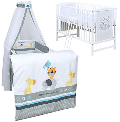 Generisch Baby Delux Babybett Komplett Set Kinderbett Mia weiß 120x60 Bettset mit Stickerei Matratze (Happy Critters)