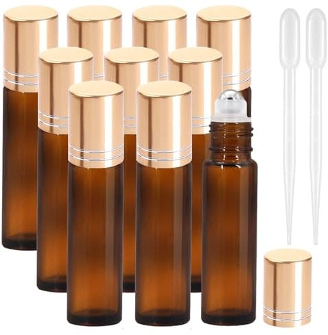 JamHooDirect 10Pcs, 10Ml Essential Oils Roll on Bottles Travel Refillable Amber Glass Roller Bottles with Stainless Steel Roller Balls, Perfect for Fragrance (Includes 1 Bottle Opener & 12Pcs Label)