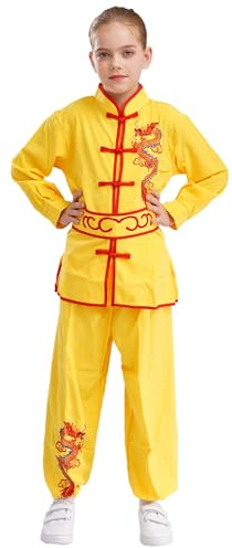 Mufeng Bambino Uniformi di Kung Fu Tang Suit Abiti Cinesi di Tai Chi Abbigliamento per Arti Marziali Camicia Cappotto Costume da Spettacolo Teatro Giallo 9-10 anni