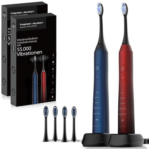 Tristan Auron Doppelpack mit 55 000 Schwingungen 5 Putzmodi IPX7 Wasserdicht 60 Tage Akku - 4 Bürstenköpfe - Schallzahnbürste (rot/blau)