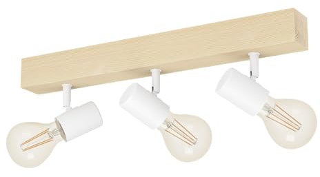 EGLO Deckenlampe Townshend 3, 3 flammiger Vintage Deckenspot im Industrial Design, Retro Lampe aus Stahl und Holz, weiß, braun, E27 Fassung, FSC zertifiert