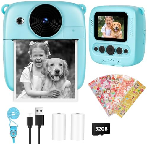 Niaazi Kids Camera 1080P HD Kids Camera - Instant Print Camera for 3-14 Year Old, Instant Camera with 32G SD Card, 2 Rolls Photo Paper, Boys and Girls Birthday Presents (Blue)