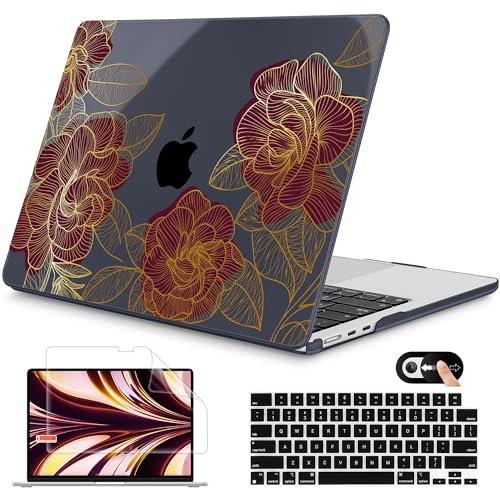 Mektron Für 2024 M3 MacBook Air 13,6 Zoll A3113 Hülle 2022 2023 A2681 M2 Chip mit Liquid Retina Display Touch ID, bedruckte Kunststoff-Hartschale für MacBook Air 13,6 Zoll, Golden Rose