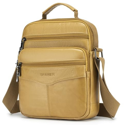 SPAHER Grand Sacoche Homme Bandouliere Cuir Sac porté Epaule En Cuir Ipad Homme Pochette Besaces Sac à dos Sac de Messager Porte-documents Sac Bandoulière Cartable Crossbody Sac à Main Marron Cair