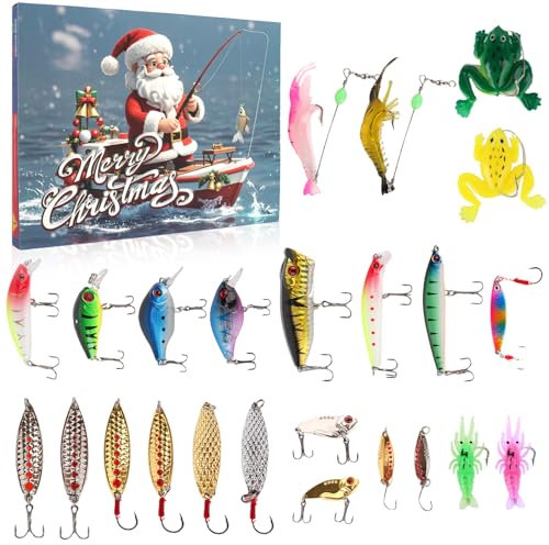 Adventskalender Angel Männer Weihnachtskalender, KEEHOM 24 Angeln Köder Set Adventskalender für Fischer Erwachsene Teenager Jungen-2024 Weihnachten Überraschung Geschenk