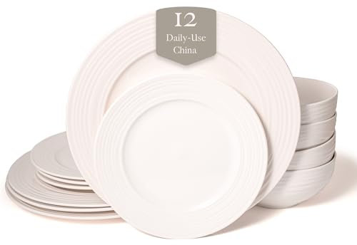 Square House New Bone China - Juego de vajilla de 12 piezas, colección Santorini (onda), color blanco, uso diario, vajilla en relieve para 4 personas