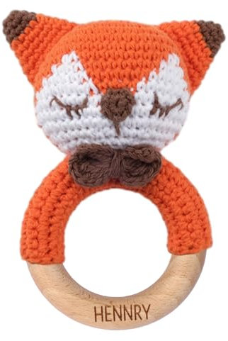 NGTSFLY Personalisierte Geschenke Baby - Personalisierter Beißring Baby aus Holz - Greifling Personalisiert Babyrassel mit Name, Geschenk zur Geburt Junge und Mädchen (Fliege Fuchs)