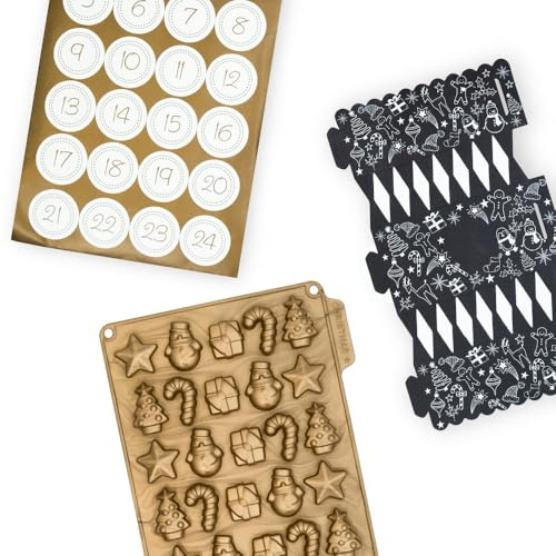 CÉCOA - Adventskalender-Set Pralinenform und 24 Cracker – 100 % Silikon – Schokoladenform Weihnachten – Hohe Qualität – Antihaftbeschichtung – BPA-frei – perfektes Kochen und einfaches Herauslösen