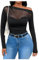 GORGLITTER Women's Asymmetrical Mesh Sheer T Shirts Ruched Long Sleeve Slim Fit Party Tops Black Large