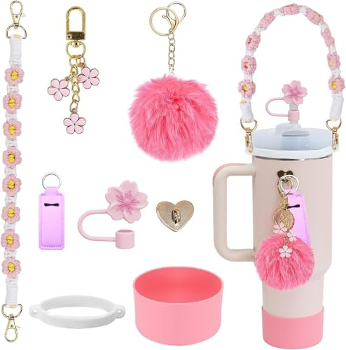 Stanley Cup Accessories Set, 8 Pcs Water Bottle Handle Strap, Silicone Cup Boot, Lipstick Holder, Keychain Charms, Straw Topper Accessories for Stanley Cup 30oz 40oz Tumbler (Pink)