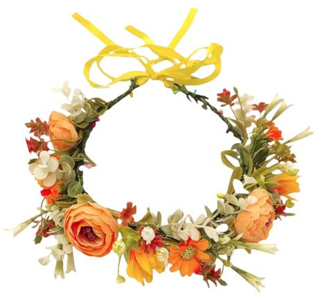 Couronne de fleurs bohème pour cheveux avec ruban réglable pour mariage, anniversaire, festival (orange)