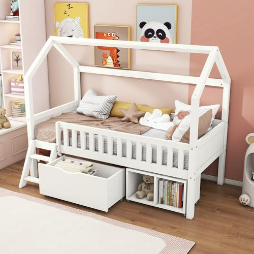 BLUON HOME Hausbett Kinderbett Jugendbett 200x90 Mit Schubladen und Ablagefächern Geeignet für Jungen und Mädchen Mit Anti-Drop-Geländer, Weiß