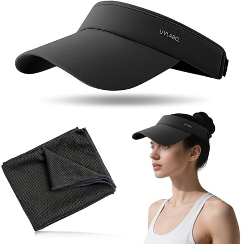 Black Sun Visor Cap for Men Women, UV Protective Sun Hat and Quick Drying Sports Towel, Elastic Adjustable Empty Top Hat, Sport Visor with Breathable Sweatband for Outdoor Running Cycling Golf Tennis