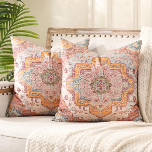 Miuyunya 2 Stück Boho Kissenbezüge Orange 50x50 cm Böhmische Blumen Muster Kissenbezug Vintage Teppichmuster Ethnisches Kissenhülle Dekorative für Wohnzimmer Sofa Schlafzimmer Herbst
