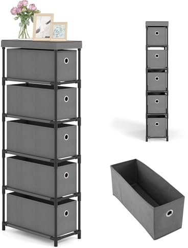 KOMFOTTEU Kommode mit 5 Stoffschubladen, Schubladenschrank mit Metallrahmen, schmaler Aufbewahrungsschrank mit Kippschutz, für Schlafzimmer, Wohnzimmer, Büro, 58 x 29 x 84 cm (Grau)