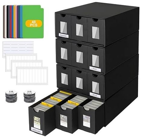 HuuppHip Trading Card Storage Box, 12000+ Cardboard Card Storage Box with 48 Cards Dividers&Label&Tapes, Labels Tape and Drawers, for Tcg, Mtg, Ptcg, Sports Cards