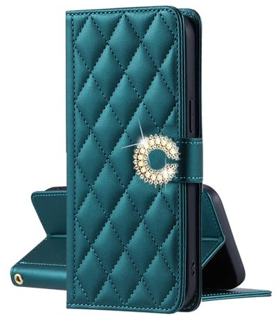 EuoDuo für Motorola Moto G14 4G / G54 5G Hülle zum Klappen PU Leder Handyhülle Glitzer Diamant Blumen Klapphülle Rautenmuster Schutzhülle Handytasche Mädchen Etui - Olivgrün