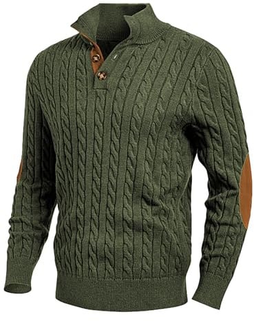 JMIERR Herren Pullover mit Zopfmuster Stehkragen, Dunkelgrün XL
