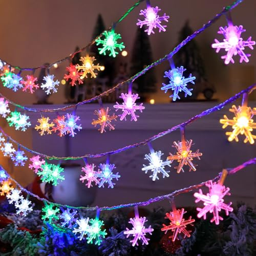 Meleager Schneeflocken Lichterkette, 12M 80LED Bunte Weihnachtslichterkette, Lichterketten Batterie als Weihnachtsdekoration für Weihnachtsbaum, Fenster, Balkon, Winterdeko Außen & Innen