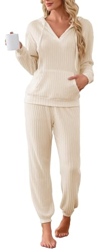 Famulily 2 Piece Loungewear Sets for Women Ribbed Knit V Neck Hoodies and Jogging Bottoms,Ladies Tracksuits Soft Leisure Suits Long Sleeve Pyjamas Nightwear