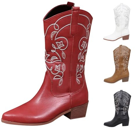 MJGkhiy Stivali Donna Texani Pelle Stivaletto Con Tacco a Blocco Western Stivali A Punta Invernali Camoscio Boots Marroni Camperos Stivale Cowboy Stivaletti Neri