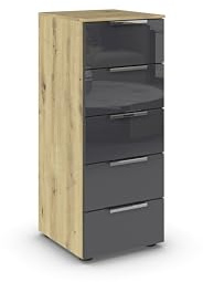 Rauch Möbel Flipp, Kommode, Farbe Glas Basalt/Eiche Artisan, Breite 40 cm | Sideboard, 5 Schubladen, Glasfront, Soft-Close-Funktion, für Schlafzimmer, Gästezimmer, Wohnzimmer, Garderobe, Flur