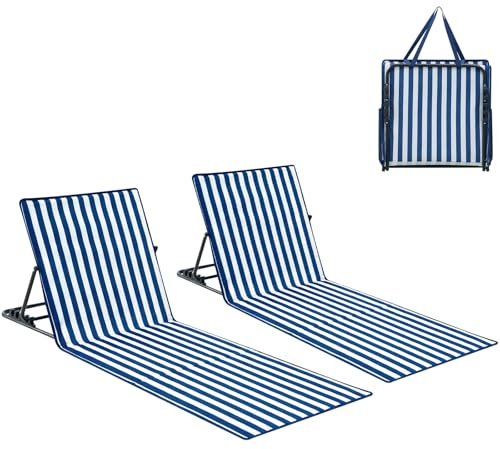 Palawano 2PCS Bain de Soleil Réglable 5 Positions, Matelas de Plage Tapis de Plage avec Poche Pratique, Chaise Longue Pliante et Légère pour Jardin Plage Piscine et Détente Extérieure (Bleu et Blanc)