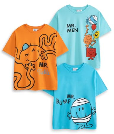 MR. MEN LITTLE MISS Boys Multi-Pack of 3 Short-Sleeved T-Shirts | Graphic Tees Featuring Mr. Tickle, Mr. Bump, & Mr. Men | Cartoon Tops in Orange & Blue Merch