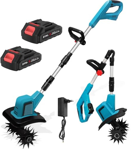 Motobineuse Electrique sans Fil 600W, Largeur de Travail 20 cm, Profondeur de Travail 15 cm, 4 Fraises, Poignée Rabattable, Motoculteur Électrique pour Retourner la Terre, Désherber (Avec 2 batteries)