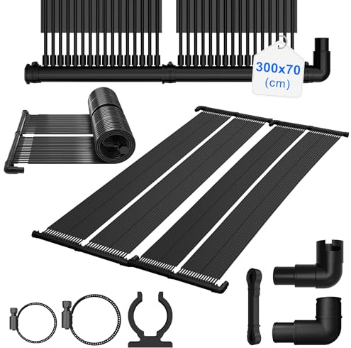 Suusolny Solarkollektor Poolheizung 300x70 cm,EPDM Solarmatte,Mit 32 dünne Schläuche,Erweiterbar,mit 32/38 mm Anschlüssen,für Gartendusche Schwimmbad Kompatibel