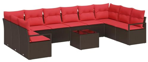 vidaXL Sofa Set mit Kissen 11 pcs Braun Poly Rattan, Garten-Sofa-Set, rechteckig, modern, modular, UV-beständig, draußen, Verstellbarer Tisch, vielseitige Möbel