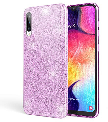 NALIA Glitzerhülle für Samsung Galaxy A50 - Grip - Hülle, Lila | Partikel fest im Material eingeschlossen, 3-Schicht-Schutzaufbau mit Hardcase-Kern, Erhöhter Kamerarand, SHINEPOP