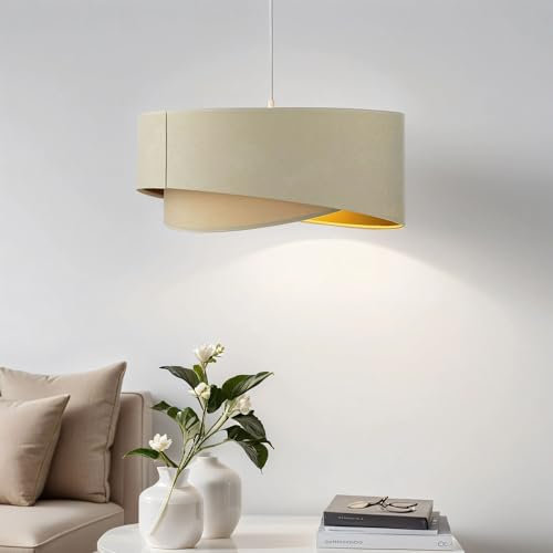 Licht-Erlebnisse Design Hängeleuchte aus Velours Stoff Creme Gold asymmetrischer Schirm Ø50cm E27 Schlafzimmer Wohnzimmer Flur Pendellampe Hängelampe Pendelleuchte