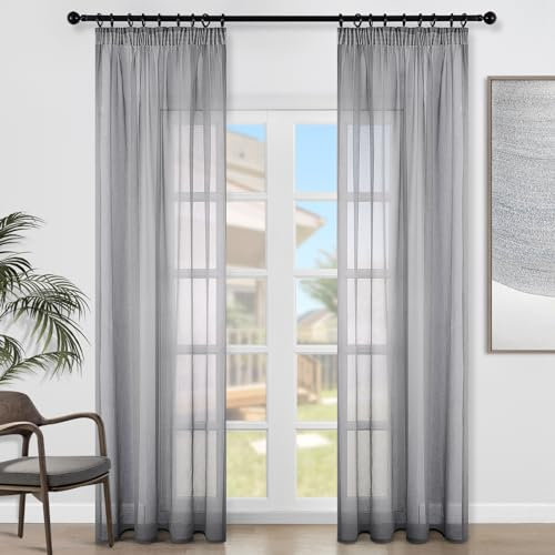 Topfinel Lot de 2 Rideau Voilage Gris Fenetre de Salon 140x240 CM Effet en Lin Rideaux Voilages et Draperies Intérieurs à Galon Fronceur Semi-Transparent Décoratif Chambre Garcon Adulte Balcon