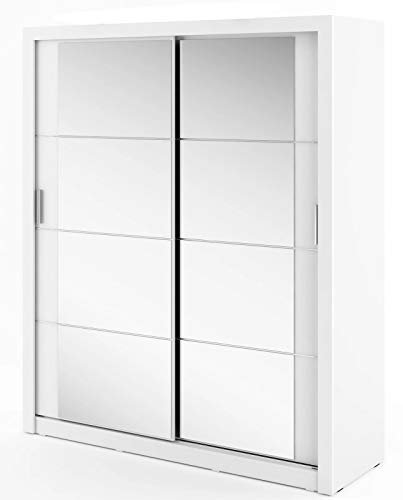 Furniture24 Schwebetürenschrank Kleiderschrank AR-03 ARTI Garderobenschrank Schrank Schiebetür Schiebeschrank mit Spiegel, 2 Kleiderstangen, 5 Einlegeboden (Weiß Matt)