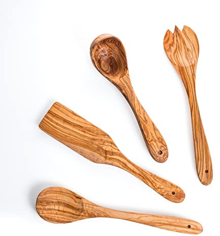 Darido Cuillères de Cuisine en Bois Naturel d'olivier - Set de 4 - env. 30 cm - Fait Main - résistant à la Chaleur et aux Rayures - ustensiles de Cuisine - cuillère en Bois, louche, Couvert à Salade