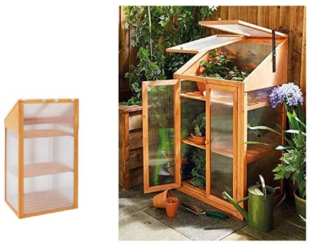 HMWD Double Door Wooden Greenhouse Cold Frame Transparent Poly-carbonate Glazing Outdoor/Patio/Balcony/Backyard Garden Planter-Outdoor Plants Storage 3 Tier Shelve Unit Green House H120xW69xD51cm.