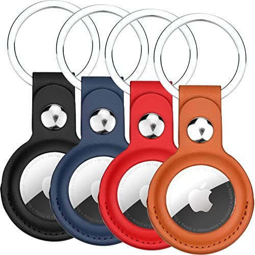 Airtags Portachiavi in Pelle di 4 Pezzi, Porta Air Tag per GSP, Apple, Chiavi Zaini e Animale, Custodia Anti-graffio, Mantiene Forte il Segnale GPS - Rosso Nero Blu Marrone