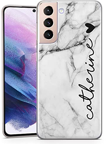 TULLUN Personalisierte Handyhülle für Samsung Galaxy S21 FE 5G - Klare Weicher Gel Schutzhülle Weiß Grau Schwarz Marmor Design Buchstabe Initialen Name Text Stil - Name Mit Herz