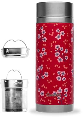 Qwetch - Théière Infusion Isotherme - Hanami Rouge 400ml - Bouteille infuseur Nomade Inox - 5h Chaud et 7h Froid Sans BPA, Étanche & Reutilisable - Idéale pour Thé, Café, Fruit, Tisane