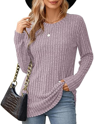 WNEEDU Pull Femme Hiver Léger à Manches Longues Pulls Col Rond Chandail Automne Hiver Hauts Femmes à Manches Longues Hauts Chemisier Tops Rose Clair XL