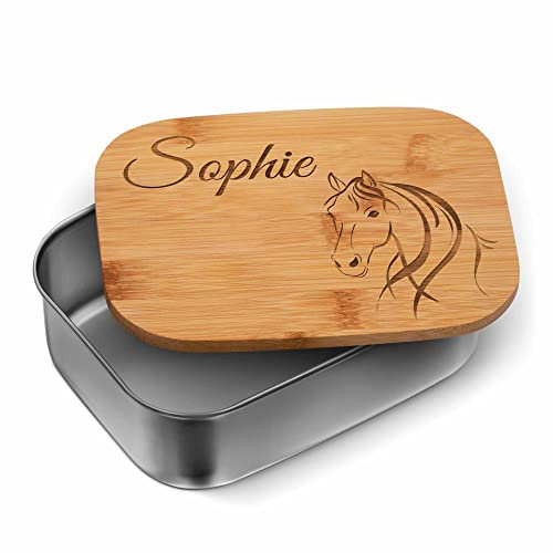 CHRISCK design Edelstahl Brotdose Pferde Mädchen mit Namen - nachhaltige Lunchbox Kinder - Brotzeitbox mit Pferdemotiv für Kindergarten Kita Schule - Personalisierte Snackbox Pferd - Einschulung