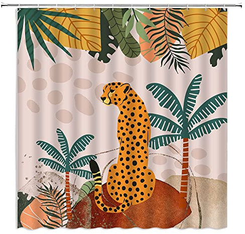 CCXTCZ Mid Century Leopard Duschvorhang Boho Gepard Tropischer Dschungel Tier Wildtiere Tiger Palmenblätter Ästhetisch Minimalistisch Moderne Kunst Stoff Badezimmer Dekor Vorhänge mit Haken, Gelb Rosa