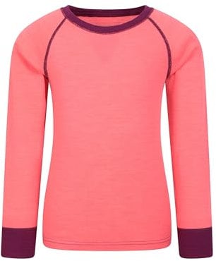 Mountain Warehouse Merino Kids Round Neck Thermal Baselayer Top – Long Sleeve, Lightweight, Antibacterial, Breathable & Quick Dry T-Shirt - Travelling & Outdoors Bright Pink Kids Size 7-8 Years