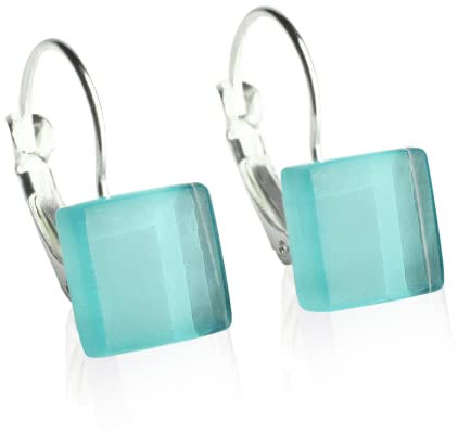 ALEXASCHA® Edelstahlohrringe hängend mit quadratischen Glassteinen • Kurze Ohrhänger mit Klappverschluss • 2cm lang • Steingröße 10 mm x 10 mm x 3 mm verschiedene Farben (Karibikblau)